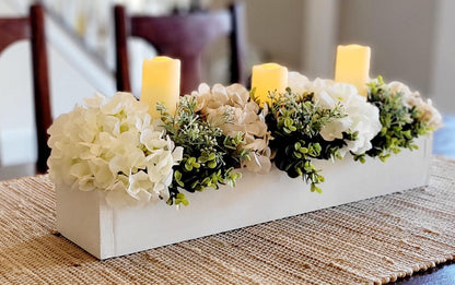 Artificial Flower Centerpiece Faux Hydrangea Arrangement Neutral Color Palette Dining Table Decor Glass Vase Display Battery Candles Included Modern Home Styling Perfect Entertaining Accessory Maintenance Free Beauty Realistic Looking