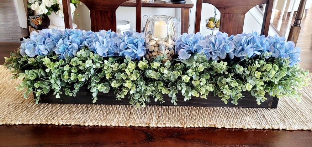 Farmhouse Table Centerpiece – Handcrafted Wood Box with Blue Hydrangea Arrangement