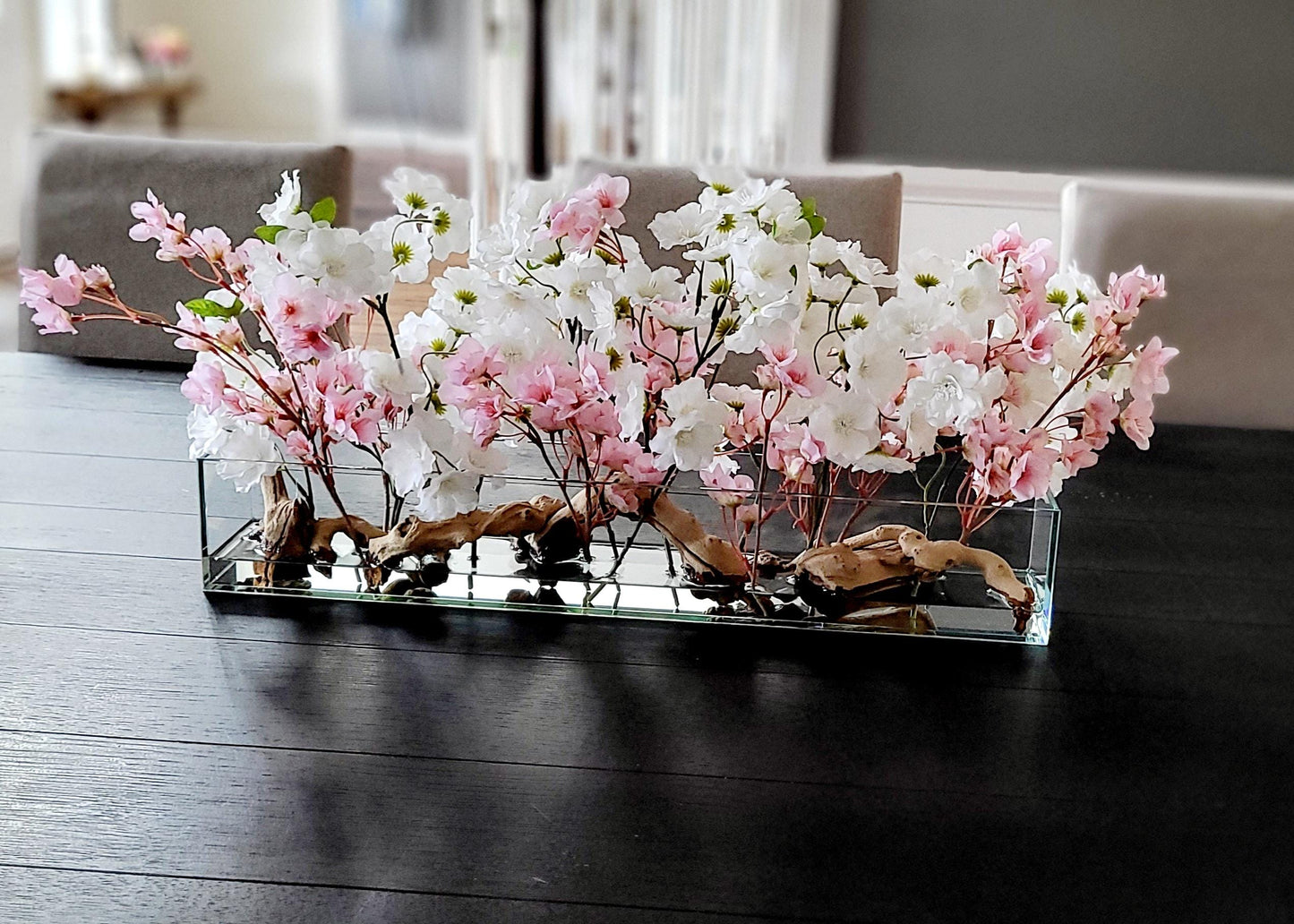 Farmhouse Table Centerpiece – Artificial Cherry Blossom Arrangement in Modern Glass Vase