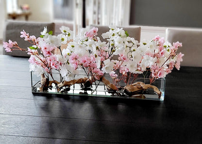 Farmhouse Table Centerpiece – Artificial Cherry Blossom Arrangement in Modern Glass Vase