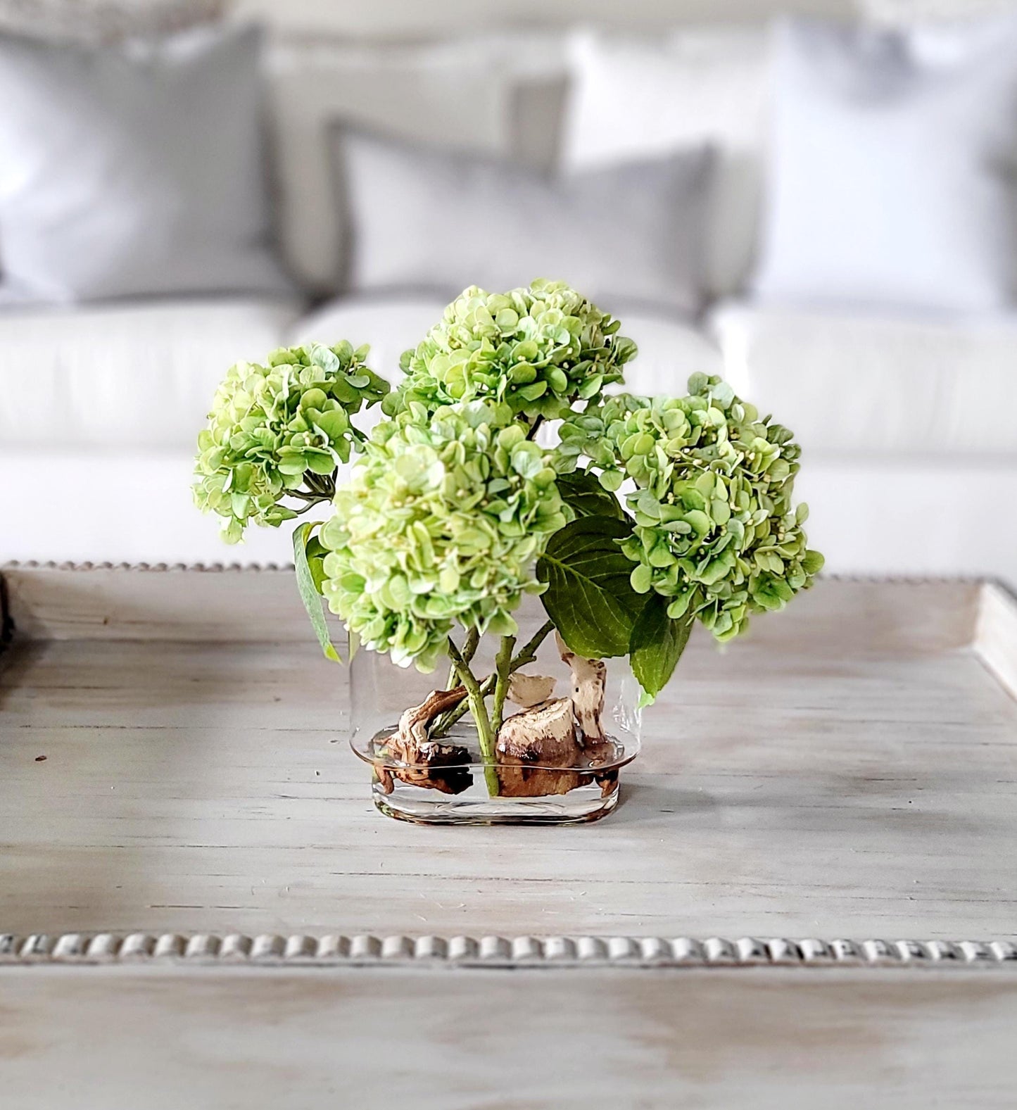 French Country Farmhouse Centerpiece Silk Hydrangea Arrangement Glass Vase Collection Realistic Floral Display Dining Table Styling Living Room Accent Piece Maintenance Free Permanent Design Real Feel Texture Quality Resin Water Natural