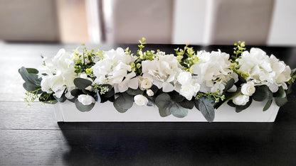 Farmhouse Table Centerpiece – White Hydrangea Arrangement in Wooden Box