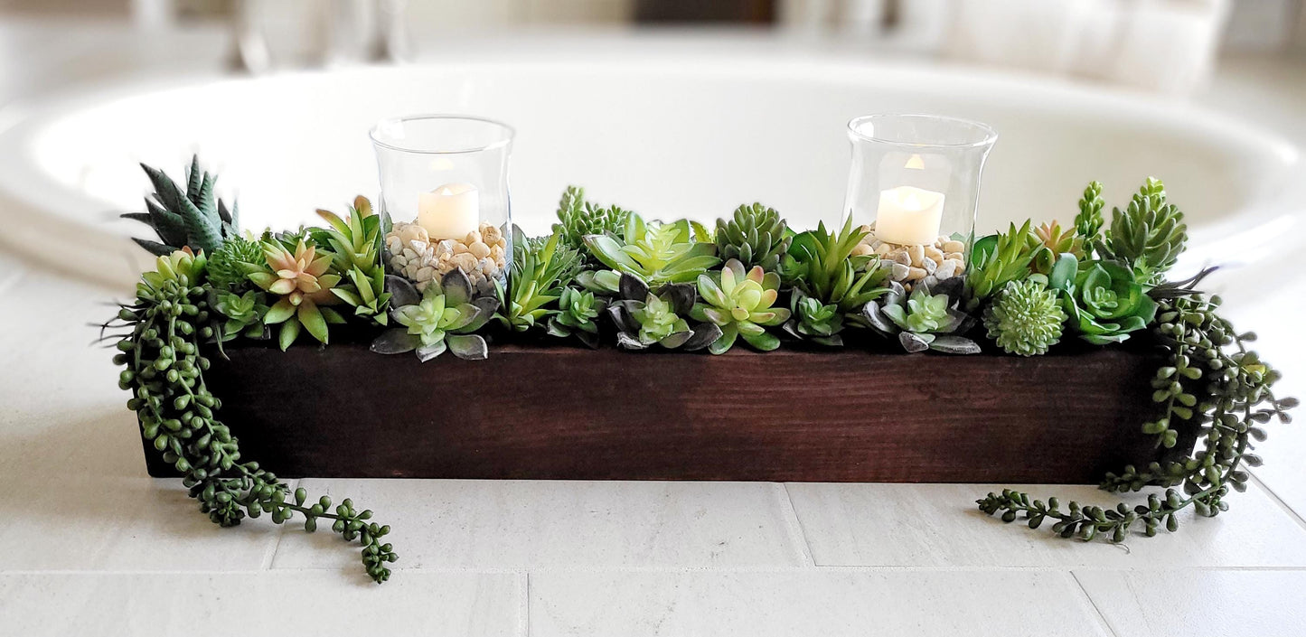 Farmhouse style long 25” Spring table arrangement in wood planter box Spring succulents in wood box mantle box Succulents arrangement