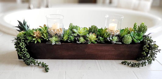 Farmhouse style long 25” Spring table arrangement in wood planter box Spring succulents in wood box mantle box Succulents arrangement