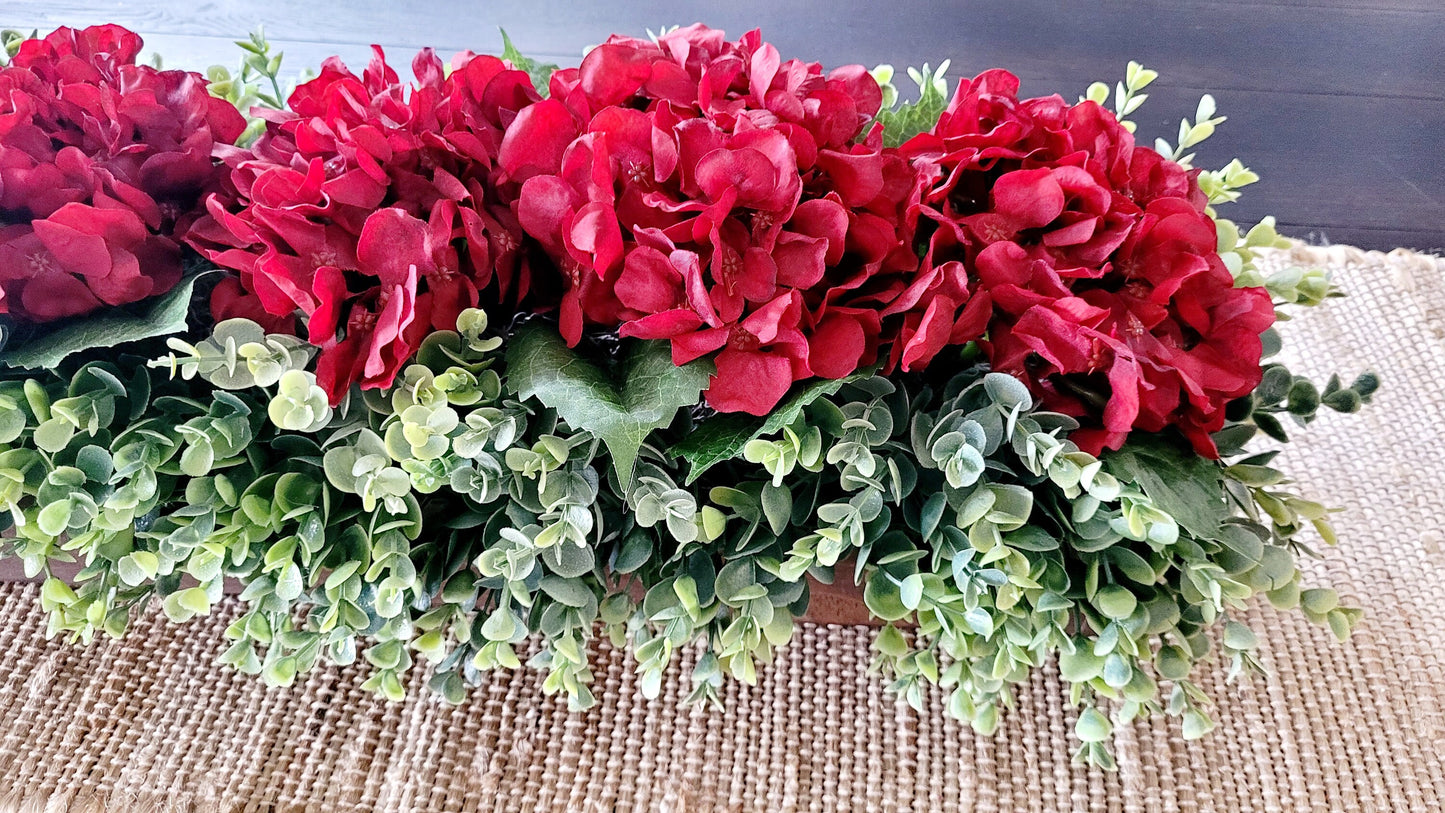 Fall Table Decoration Fall Centerpiece Fall Faux Flower Arrangement Farmhouse Mantle Fall Decor Burgundy Hydrangea Long Wood Box Autumn Deco