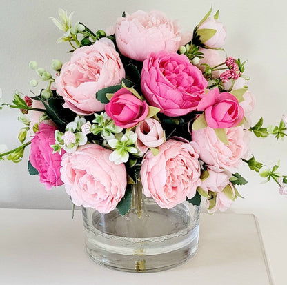 Artificial Peony Arrangement – Pink Glass Vase Centerpiece with Realistic Water Effect