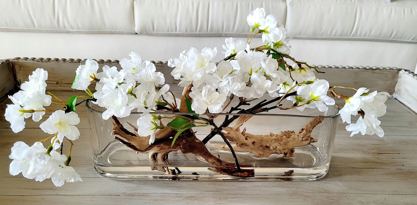 Modern White Orchid Display Natural Driftwood Combination Elegant Glass Vase Design Dining Table Centerpiece Handmade Floral Arrangement Contemporary Home Styling Unique Artistic Creation Maintenance Free Beauty Perfect Statement Piece