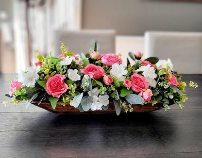 Dough Bowl Pink Peony Flower centerpiece farmhouse kitchen table decor pink rose arrangement gift Mom gift her floral gift her faux peony
