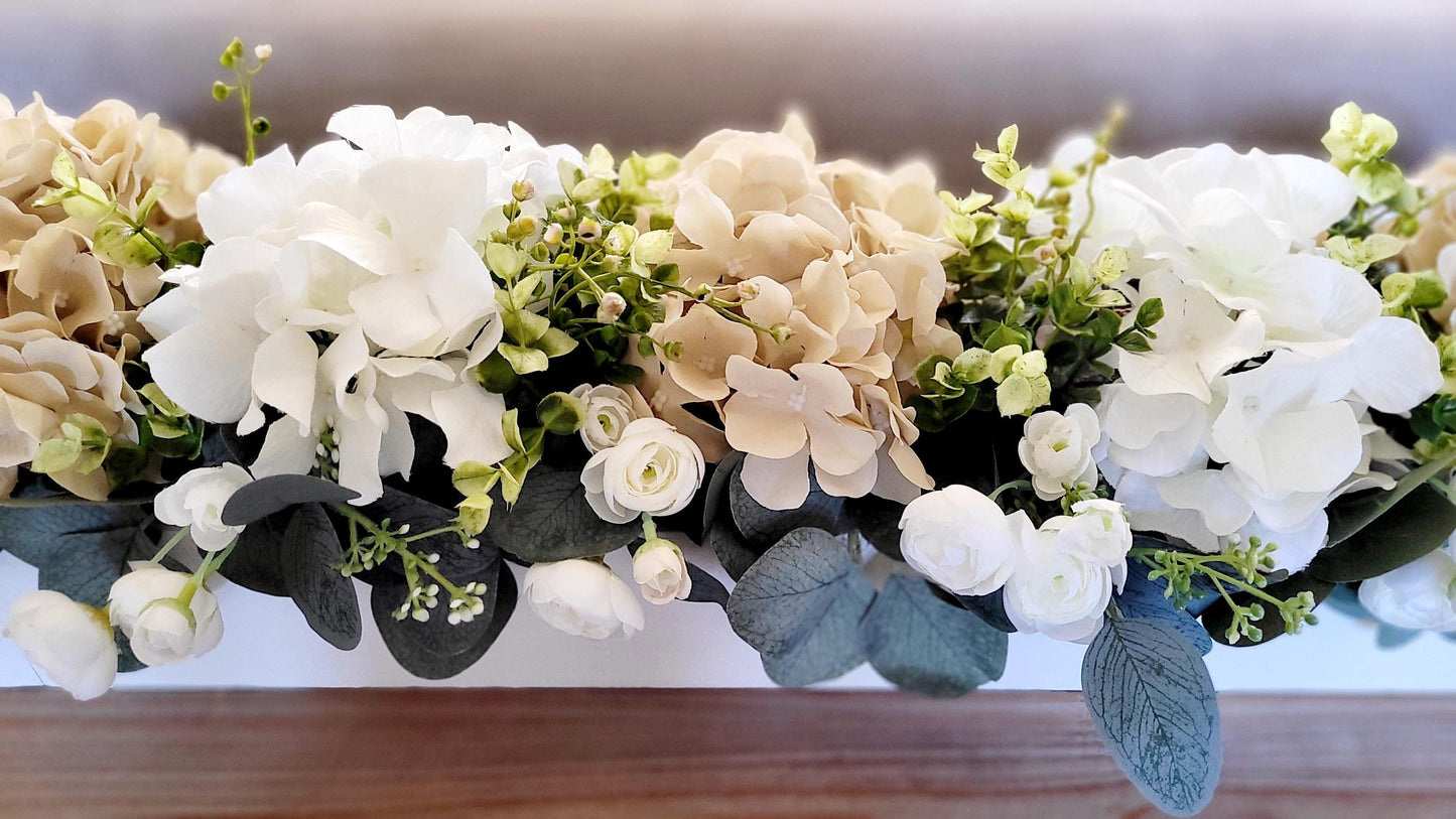 Farmhouse Table Centerpiece – Silk Hydrangea Arrangement in Wooden Box