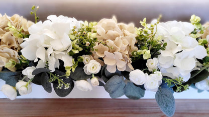 Farmhouse Table Centerpiece – Silk Hydrangea Arrangement in Wooden Box