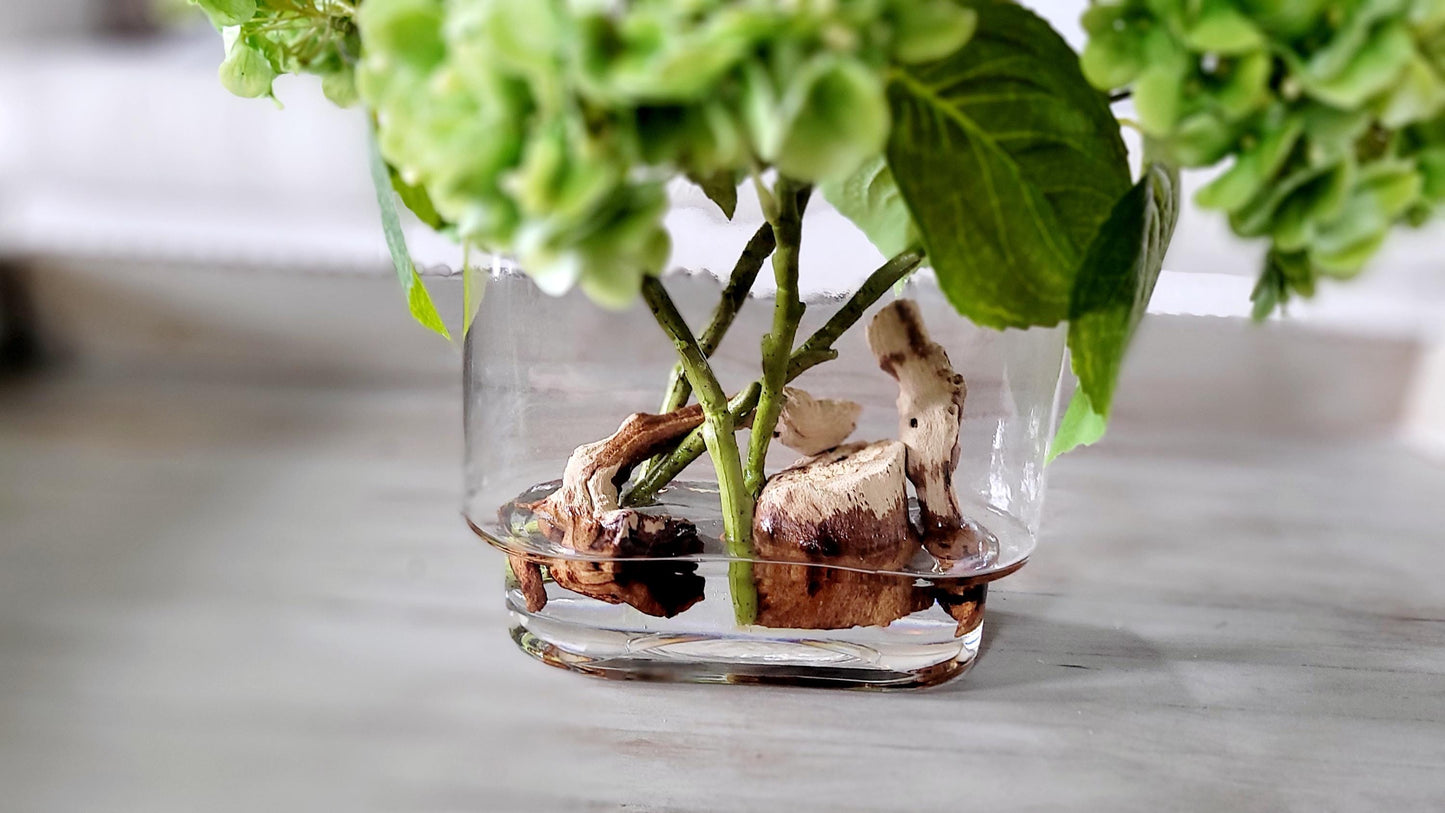 Faux Hydrangea Centerpiece Glass Vase Arrangement French Country Style Realistic Silk Flower Display Farmhouse Dining Table Accent Living Room Styling Maintenance Free Permanent Design Real Feel Texture Quality Resin Water Driftwood Natural