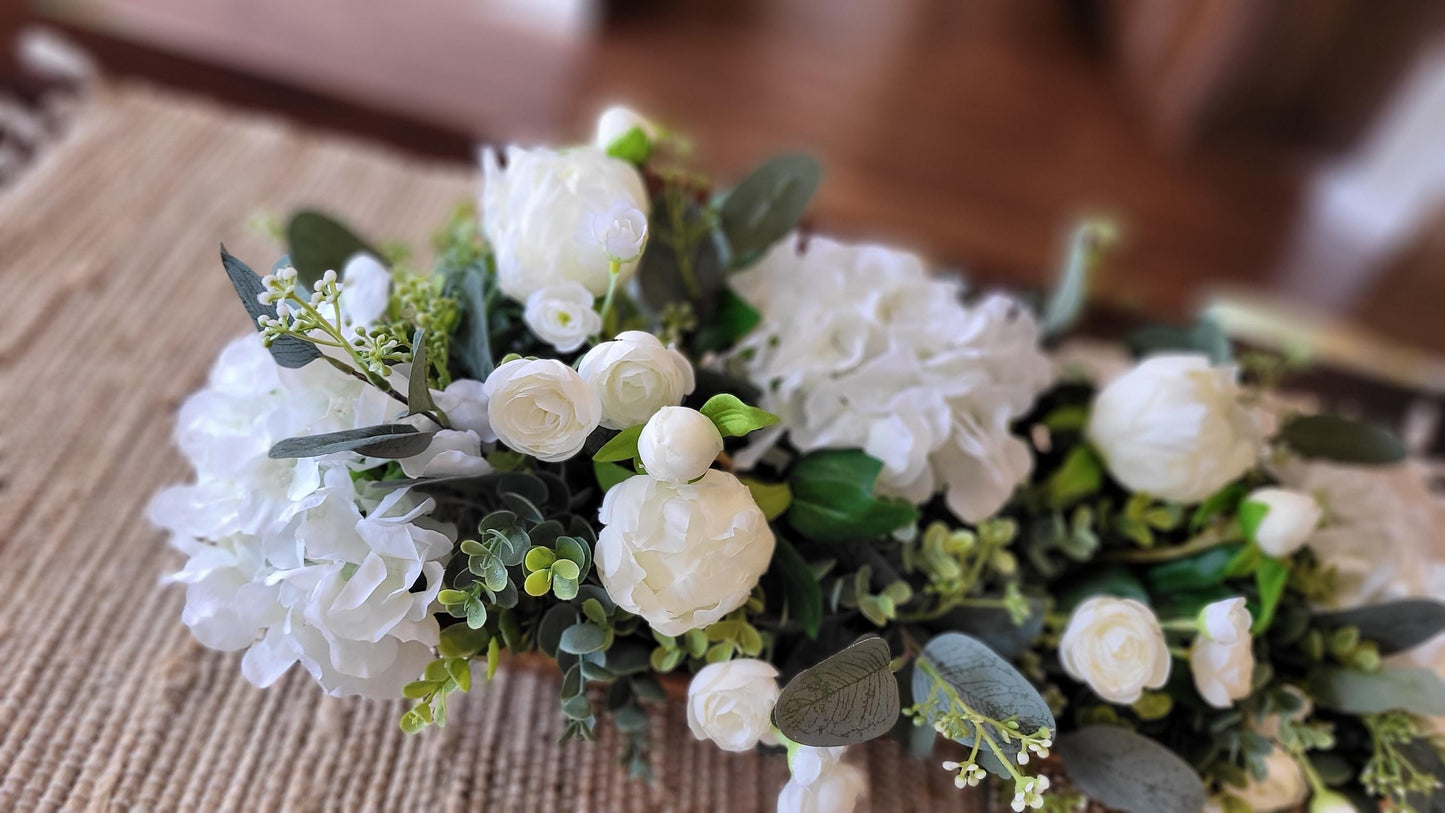 Dining Table Centerpiece – Silk Roses Peonies Hydrangeas in Dough Bowl