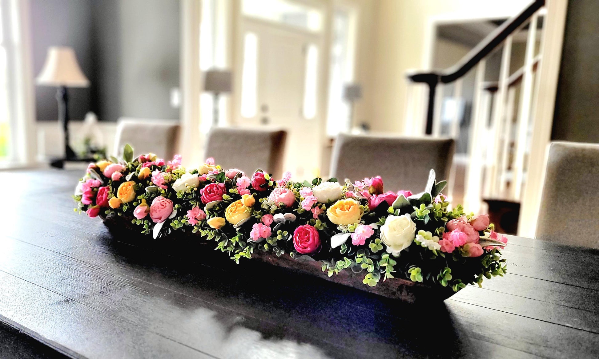 Handcarved Wooden Bowl Centerpiece Rustic Farmhouse Dough Bowl Peony Arrangement Large Table Display Customizable Wood Color Faux Floral Design Country Home Accent Thirty Inch Long Statement Piece Beautiful Mantle Decoration Kitchen Island