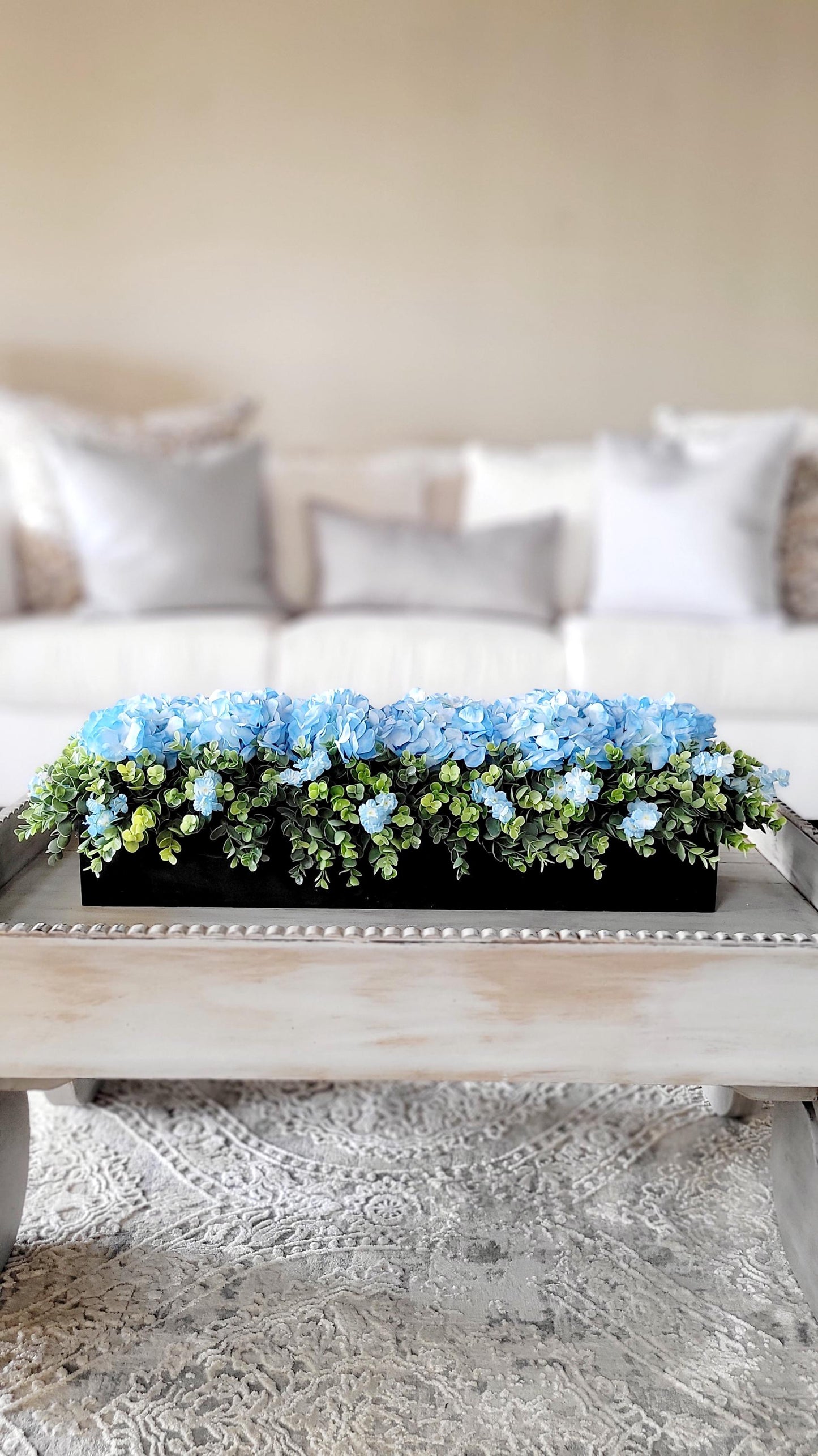 Blue Hydrangea Farmhouse Arrangement Large Dining Room Table Decor Faux Hydrangea Box Arrangement Greenery Arrangement Country Table Decor