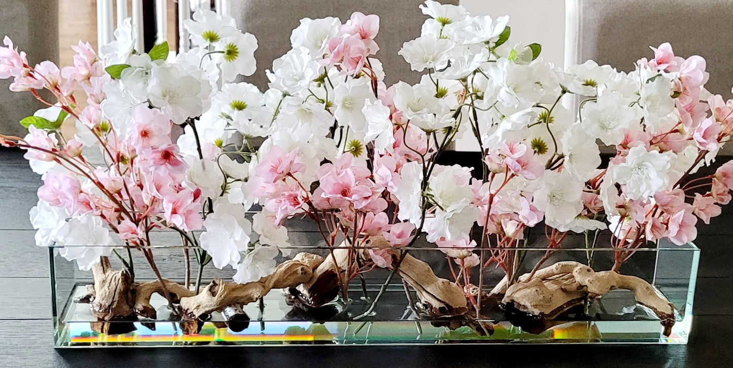 Modern Glass Vase Arrangement Farmhouse Table Centerpiece Cherry Blossom Design Artificial Floral Display Contemporary Home Accent Silk Faux Flowers Realistic Appearance Pink White Blossoms Driftwood Details Spring Inspired Decoration