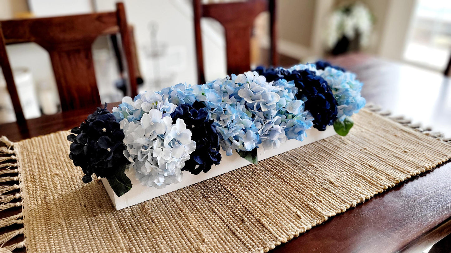 Navy Blue Flower Blue Hydrangea Arrangement French country Decor wood box Arrangement Blue Flower Centerpiece Blue white Floral Arrangement