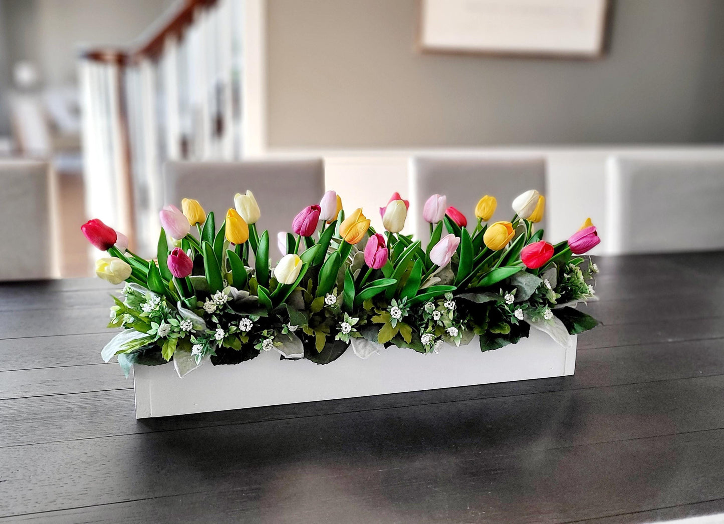Tulip Flower Arrangement Farmhouse Long Box Tulip Arrangement Spring Flower Centerpiece Real Touch Tulips Mantel Flower Box Easter Flowers