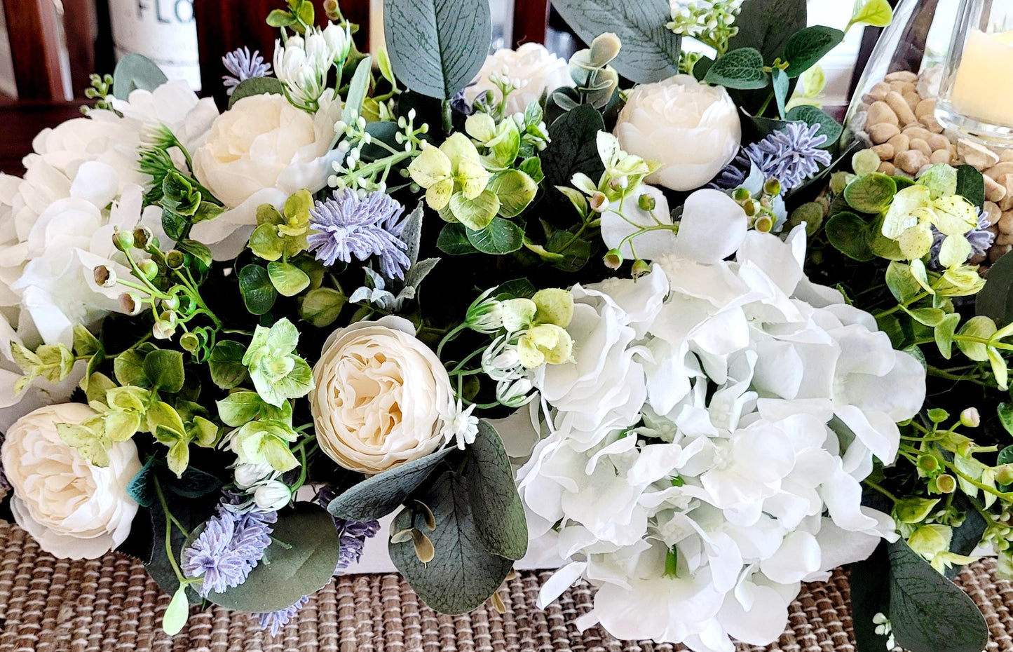 Spring Centerpiece Dough Bowl – Faux Peony Hydrangea Lavender Easter Table Decoration