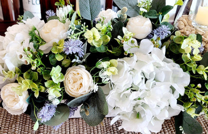 Spring Centerpiece Dough Bowl – Faux Peony Hydrangea Lavender Easter Table Decoration