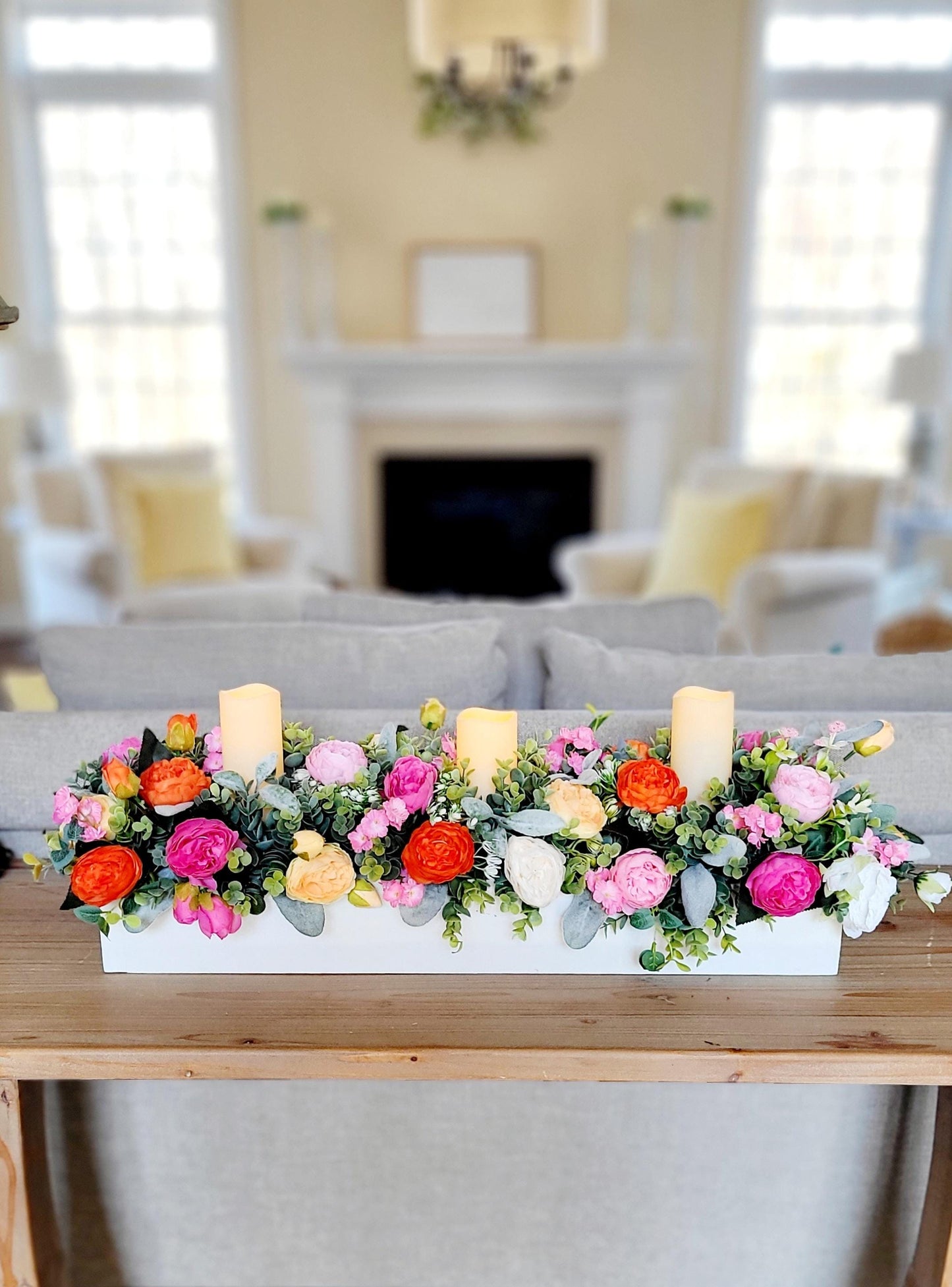 Spring Table Centerpiece – Artificial Peony Arrangement with Battery Candles in Wood Box