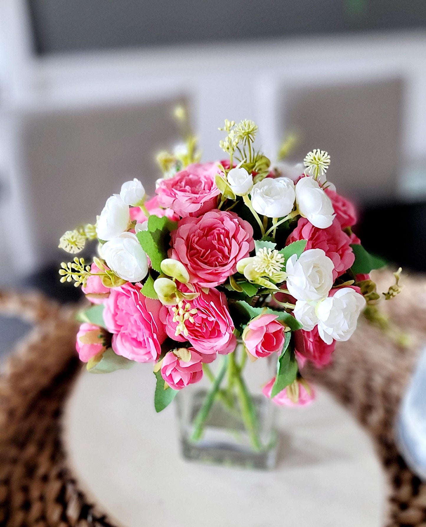 Romantic Rose Gift Pink Floral Arrangement Glass Bowl Centerpiece Hot Pink Roses French Country Charm Elegant Home Accent Perfect Present For Her Beautiful Flower Display Vibrant Color Table Styling Anniversary Birthday Gift Feminine Touch
