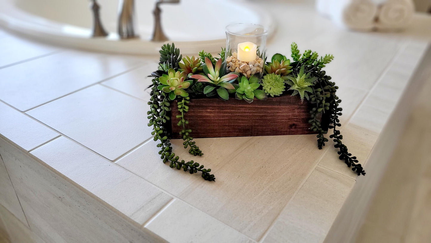 Succulent arrangement wood box succulent decoration client gift new home bathroom decor spa decor faux succulent candle centerpiece candle