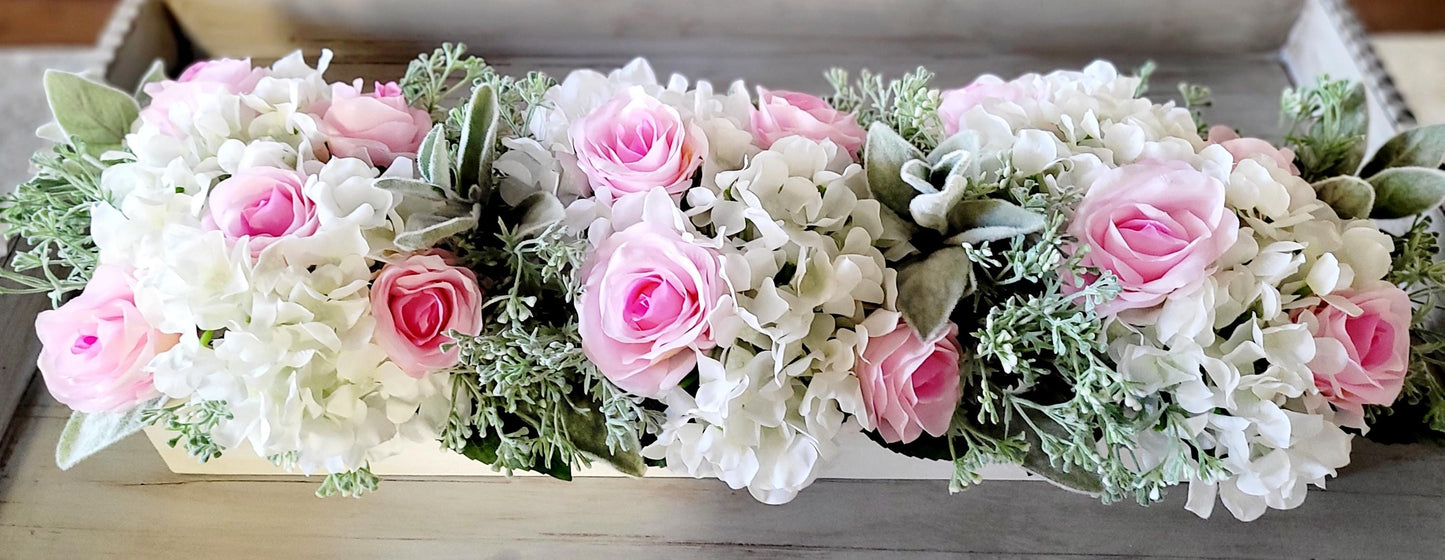 Dining Table Centerpiece – Pink Rose and Hydrangea Arrangement in Wooden Box