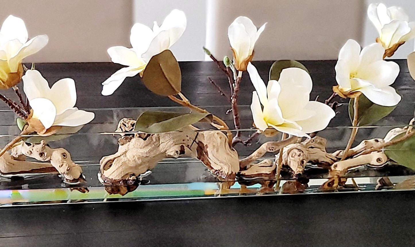 Elegant Glass Centerpiece Dining Table Arrangement Silk Magnolia Flowers Mantle Decoration Display Realistic Artificial Blooms Faux Floral Design Home Decor Accent Modern Traditional Style Year Round Beauty Premium Quality Construction