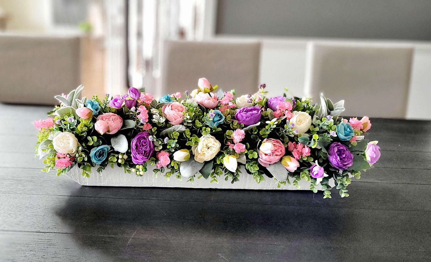 Purple Floral Centerpiece – Silk Peony Arrangement in Dough Bowl