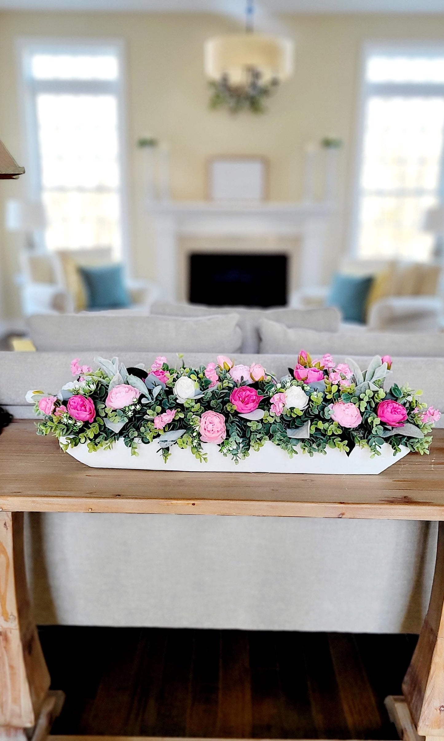 pink white decor pink wedding floral arrangement peony dough bowl dining room table arrangement Pink flower decorations spring decor mantle
