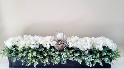 Hydrangea Wood Box Centerpiece For Dining Table Centerpiece For Dining Table Flower Arrangement Mantel Centerpiece Flowers Hydrangea Flower