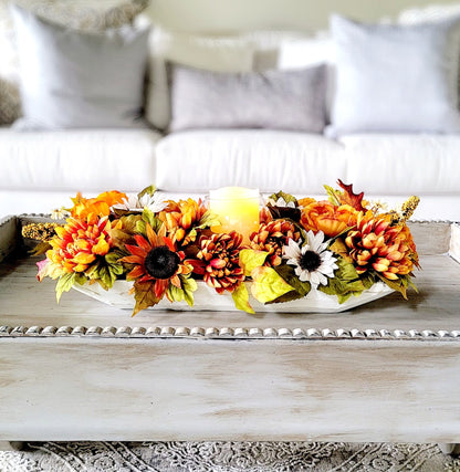 Dough Bowl Fall Flower arrangement sunflower decoration fall mum Decor Flameless candle fall arrangement fall Table Decor Gift New Home