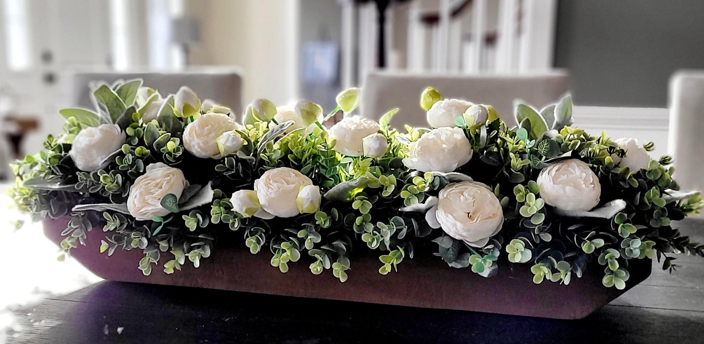 Rustic Wooden Centerpiece Farmhouse Table Decor Faux Flower Arrangement Custom Stained Box Spring Home Accent Artificial Peony Display Beautiful Dining Table Decoration Mantle Styling Piece Kitchen Counter Decor Long Format Design Country