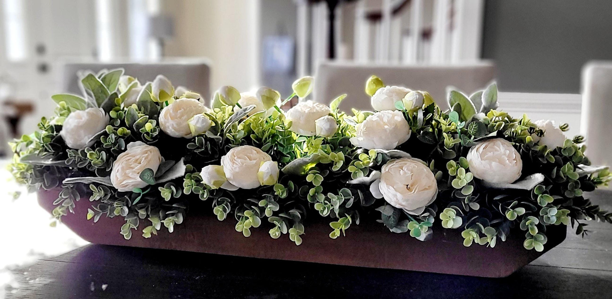 Rustic Wooden Centerpiece Farmhouse Table Decor Faux Flower Arrangement Custom Stained Box Spring Home Accent Artificial Peony Display Beautiful Dining Table Decoration Mantle Styling Piece Kitchen Counter Decor Long Format Design Country