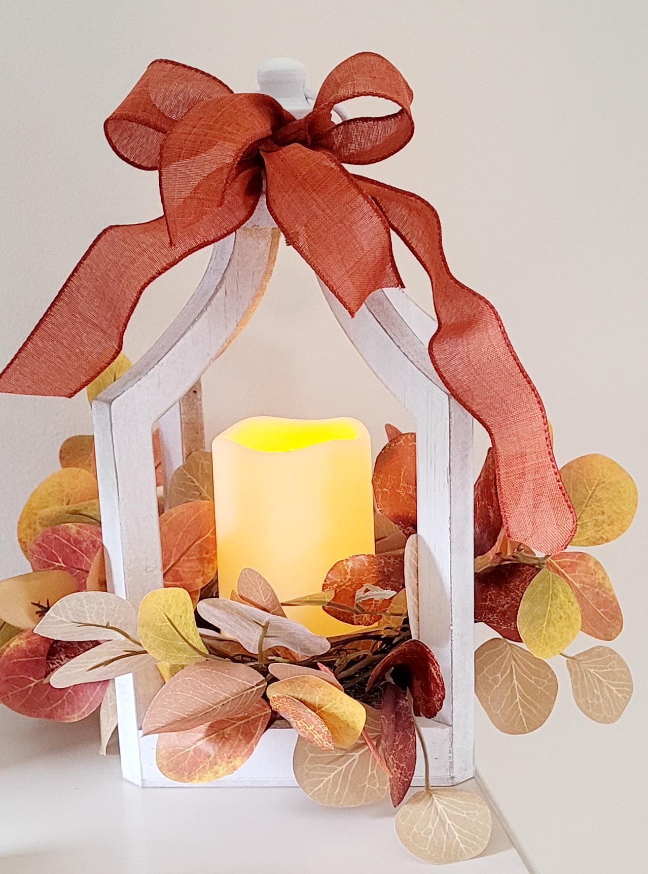 Farmhouse Lantern Decor Fall Decoration Flame-less Candle Decor Lighting Fixture Rustic Lantern Table arrangement Fall Leaves Autumn Wreath