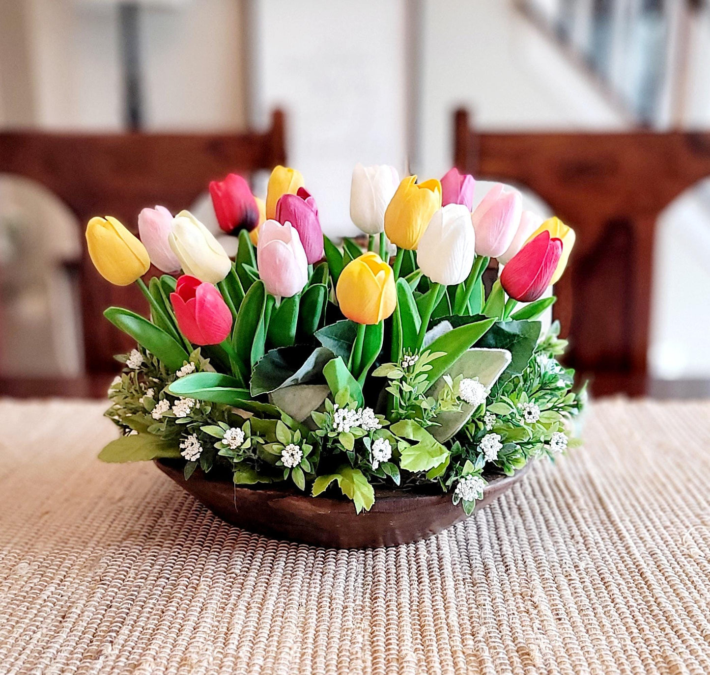Round Table Centerpiece Silk Tulip Arrangement Dough Bowl Design Spring Dining Table Decoration Elegant Floral Display Artificial Greenery Collection Real Touch Flowers Realistic Appearance Premium Quality Materials Farmhouse Style Accent