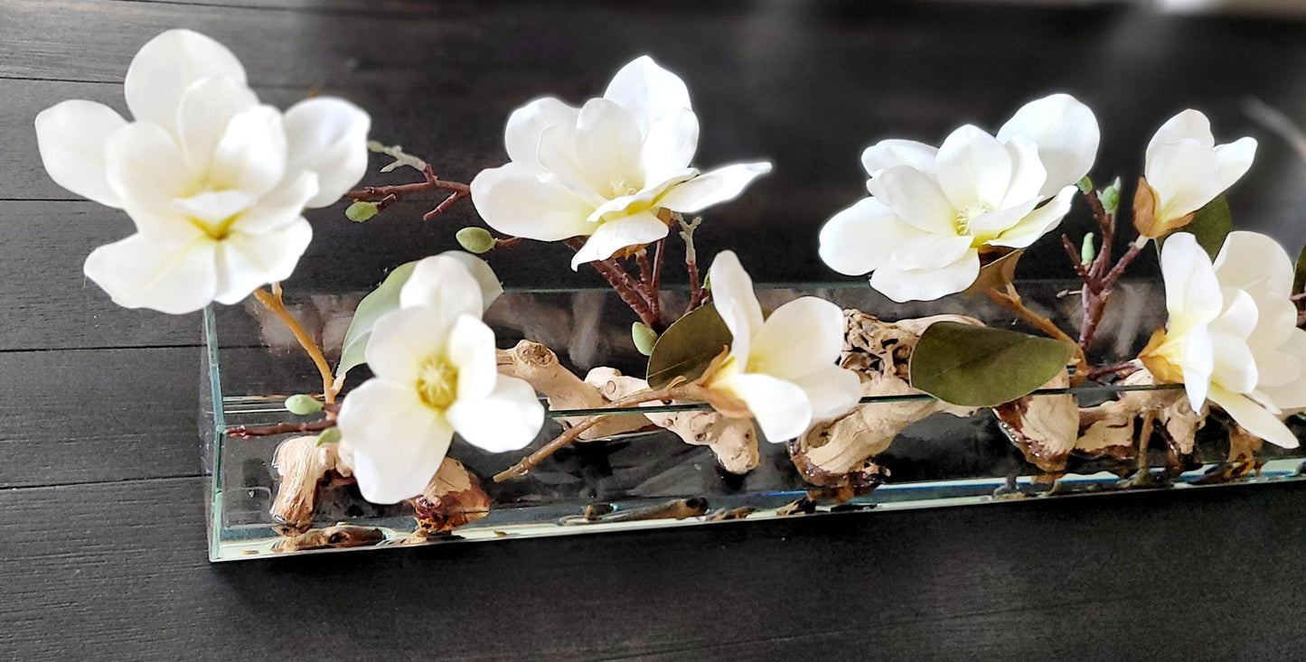 Glass Vase Centerpiece – Elegant Silk Magnolia Arrangement for Dining Table & Mantle