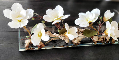 Glass Vase Centerpiece – Elegant Silk Magnolia Arrangement for Dining Table & Mantle