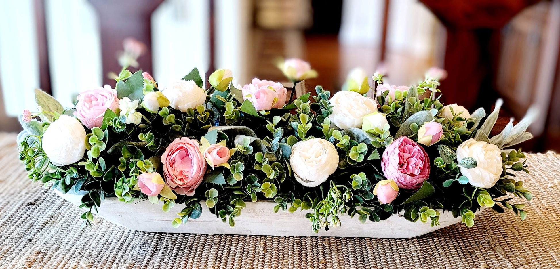 Cream Peony Centerpiece Handcarved Dough Bowl Farmhouse Style Arrangement Rustic Floral Display Wooden Bowl Collection Traditional Home Accent Country Design Aesthetic Artificial Flower Arrangement Lambs Ear Greenery Elegant Table