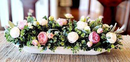 Cream Peony Centerpiece Handcarved Dough Bowl Farmhouse Style Arrangement Rustic Floral Display Wooden Bowl Collection Traditional Home Accent Country Design Aesthetic Artificial Flower Arrangement Lambs Ear Greenery Elegant Table
