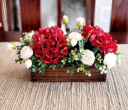 Flower Arrangement Peony Silk Flower Red  Flower centerpiece Spring Table Decor Wood Box Table Centerpiece Hydrangea Flower Gift new home