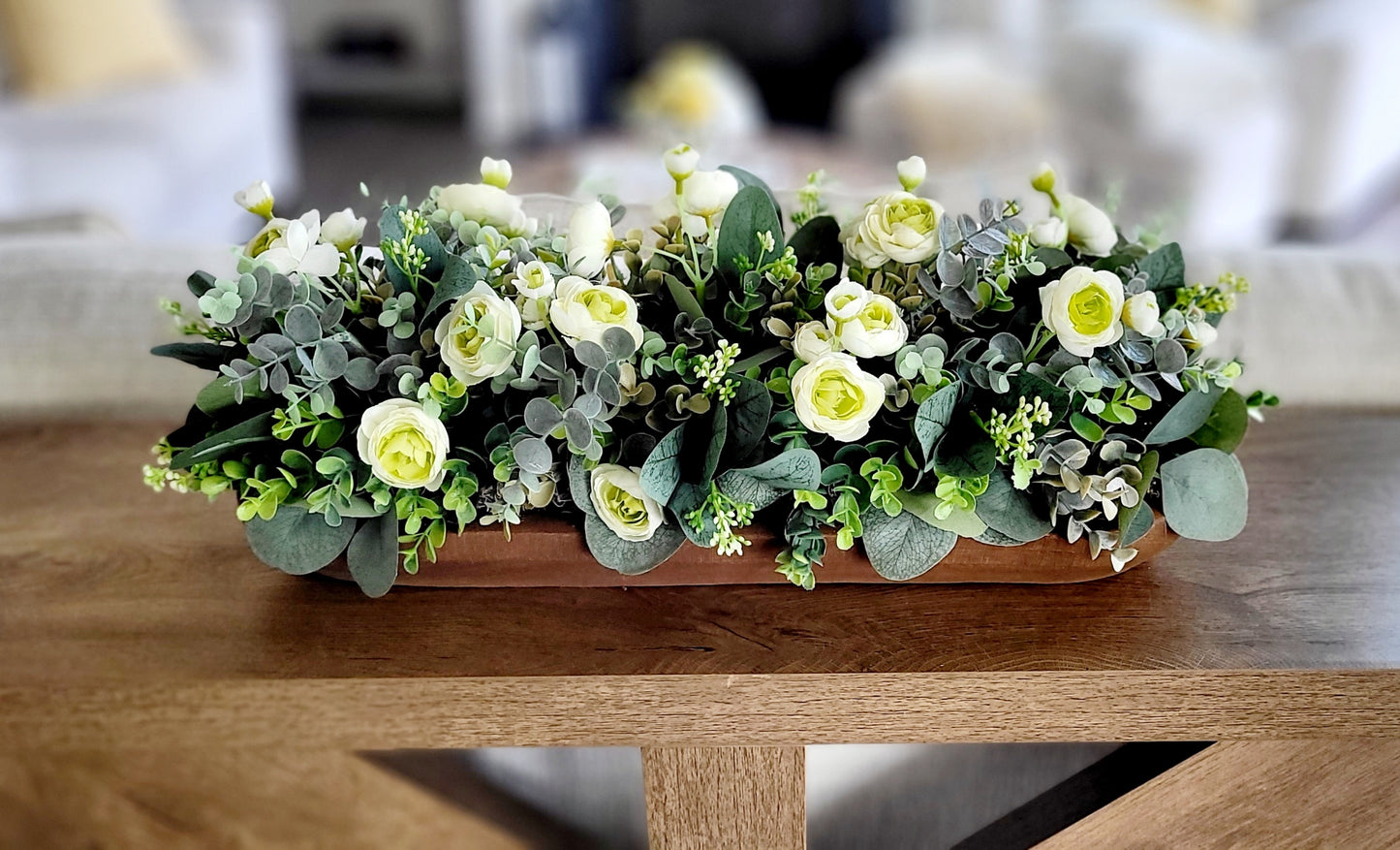 Farmhouse Centerpiece – Dough Bowl with Faux Ranunculus and Eucalyptus Rustic Dining Table Decor