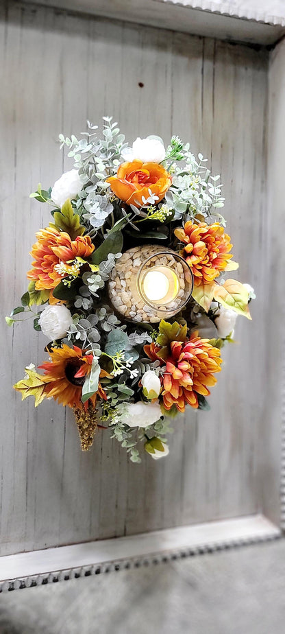 Fall table arrangement fall arrangement dough bowl fall kitchen decor farmhouse arrangement fall candle fall pumpkin sunflower arrangement