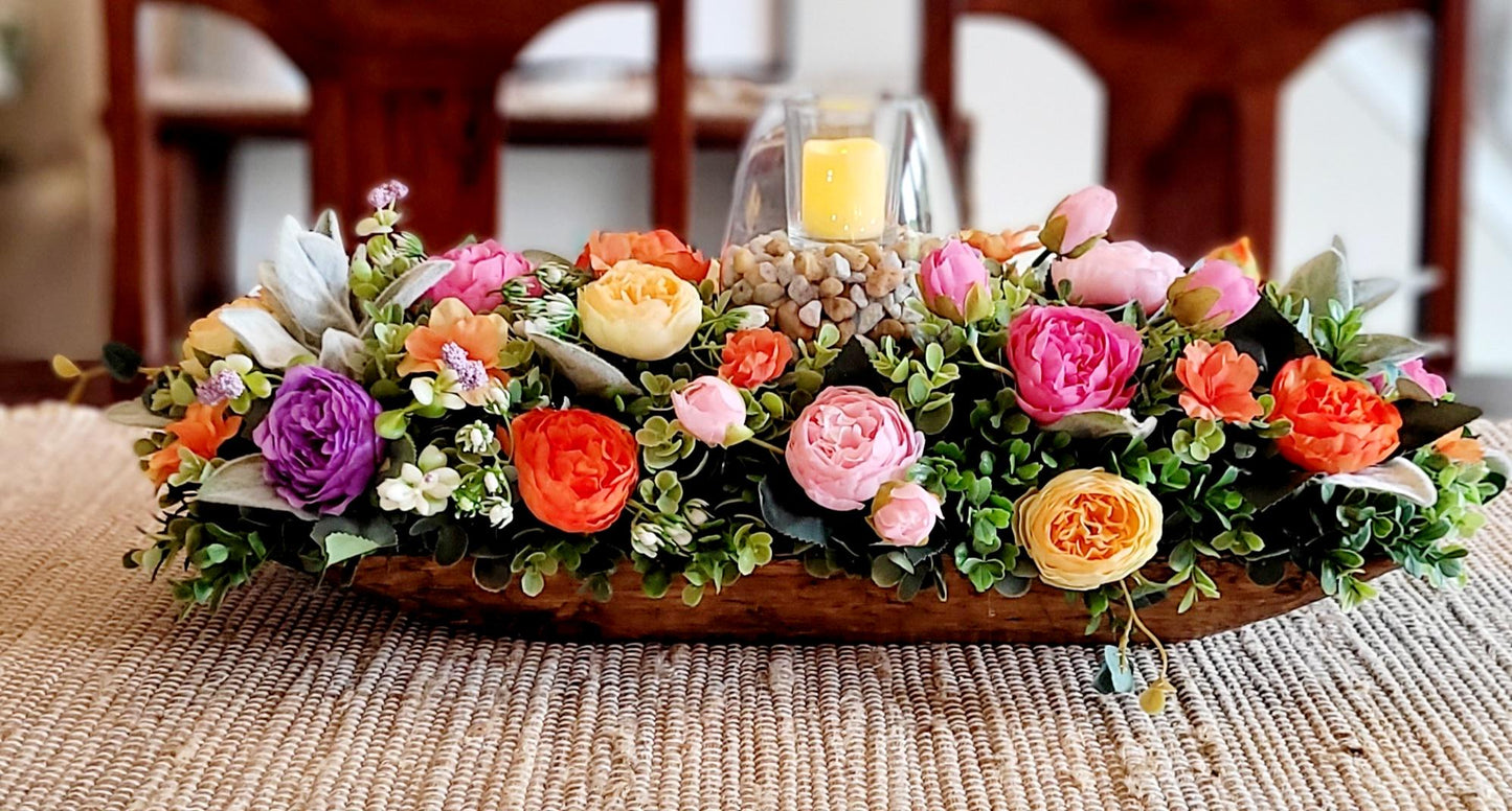 Silk Flower Centerpiece – Bright Peony Dough Bowl for Coffee Table