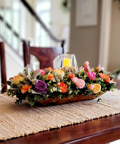 Dough Bowl Arrangement Silk Peony Centerpiece Coffee Table Styling Bright Artificial Flower Display Rustic Farmhouse Home Accent Handcrafted Wooden Bowl Design Living Room Mantel Ready Maintenance Free Colorful Table Piece Year Round