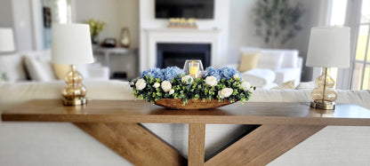 Dough Bowl Centerpiece – Handcrafted Farmhouse Floral Arrangement with Faux Hydrangeas