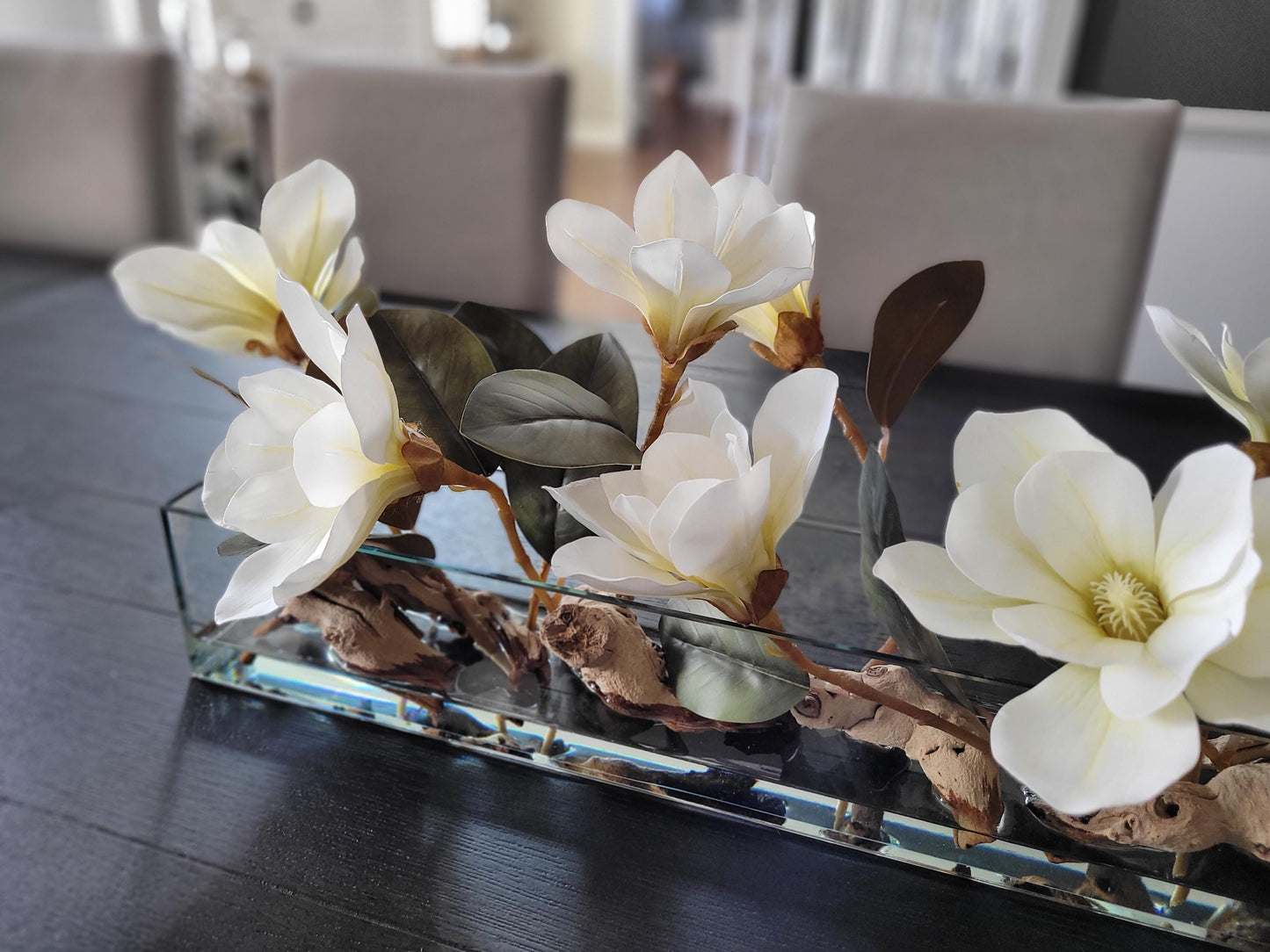 Dining Table Flower Arrangement home decor Luxury Flower Dining flower Magnolia Flower Long Glass container flower Realistic flowers water