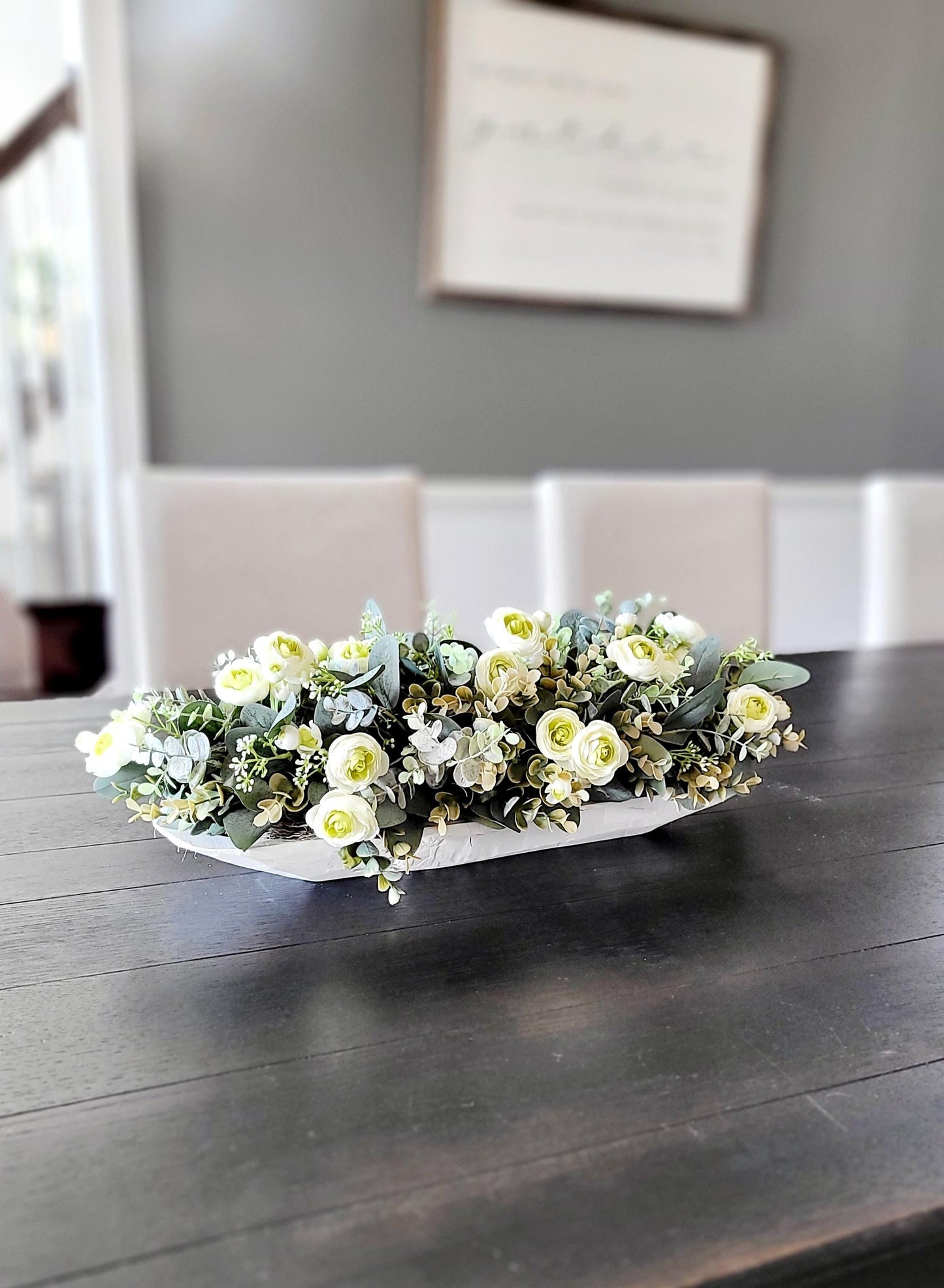 Farmhouse Centerpiece – Dough Bowl with Faux Ranunculus and Eucalyptus Rustic Dining Table Decor