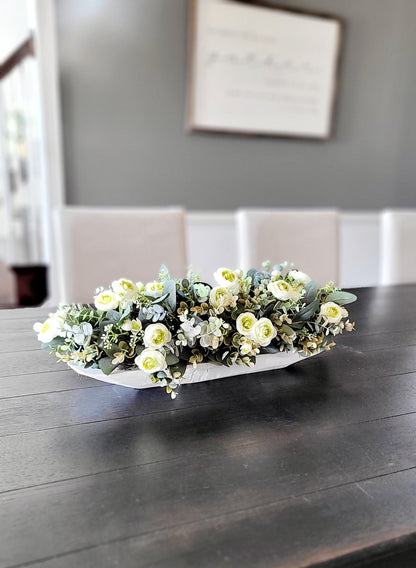 Farmhouse Centerpiece – Dough Bowl with Faux Ranunculus and Eucalyptus Rustic Dining Table Decor