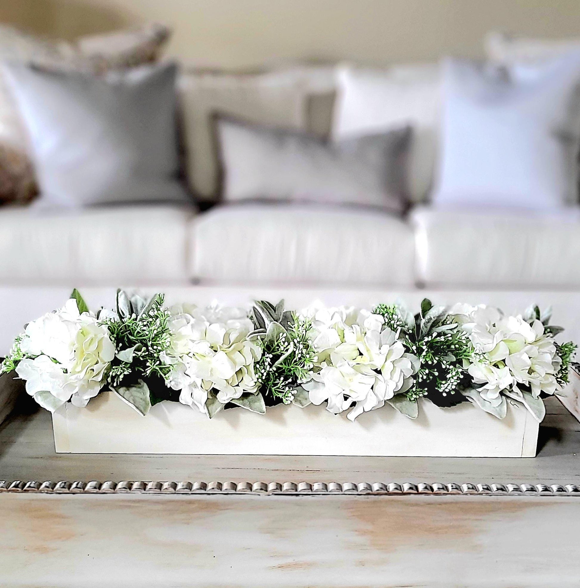 Silk Hydrangea Arrangement Custom Wooden Box Container Farmhouse Style Centerpiece Artificial Floral Display Handcrafted Table Decoration Faux Flower Collection Premium Quality Materials Realistic Looking Blooms Beautiful Home Accent